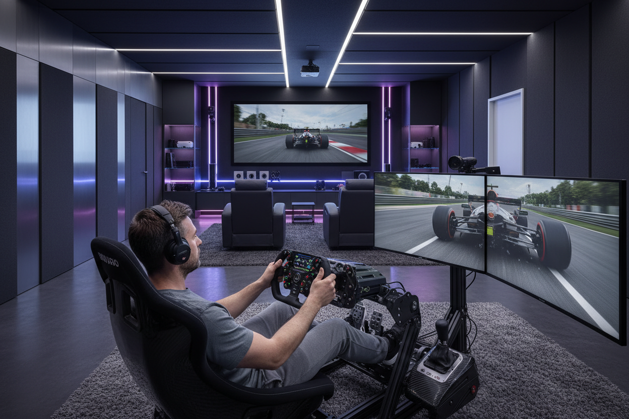 generate abn image of a hoem netertianemnt room with a car racing simualtor isnide and a man using it